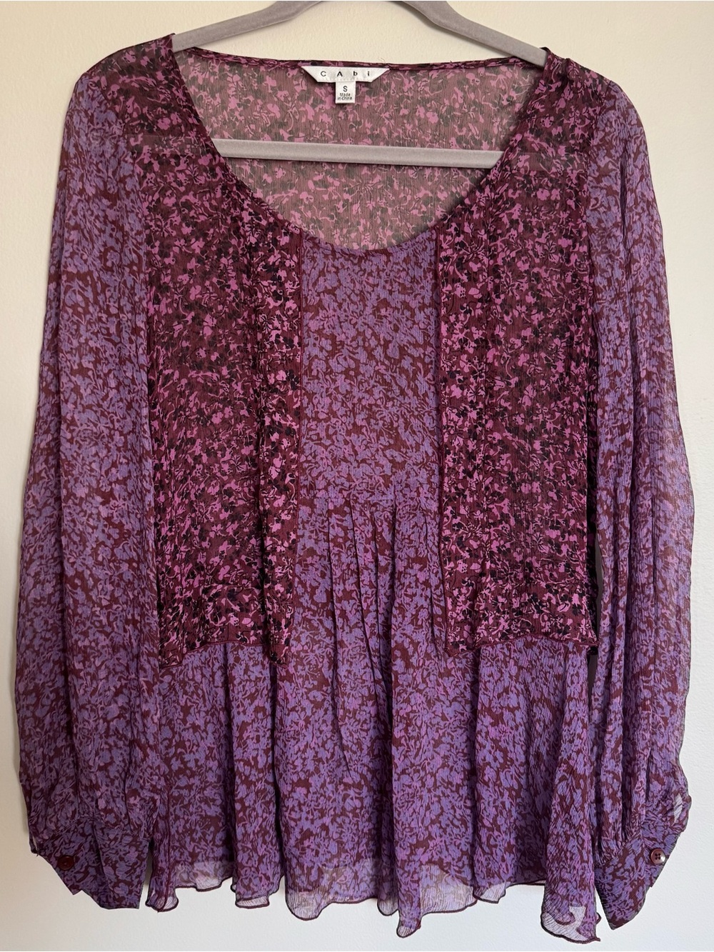 Cabi Silk Sonnet Blouse Purple Mangenta Long Sleeve Sheer Floral Boho Size S